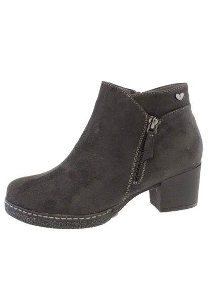 Dk Grey Microfibre Plain Front, Side Zip Block Heel Ankle Boot