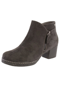 Dk Grey Microfibre Plain Front, Side Zip Block Heel Ankle Boot