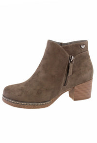 khaki Microfibre Plain Front, Side Zip Block Heel Ankle Boot