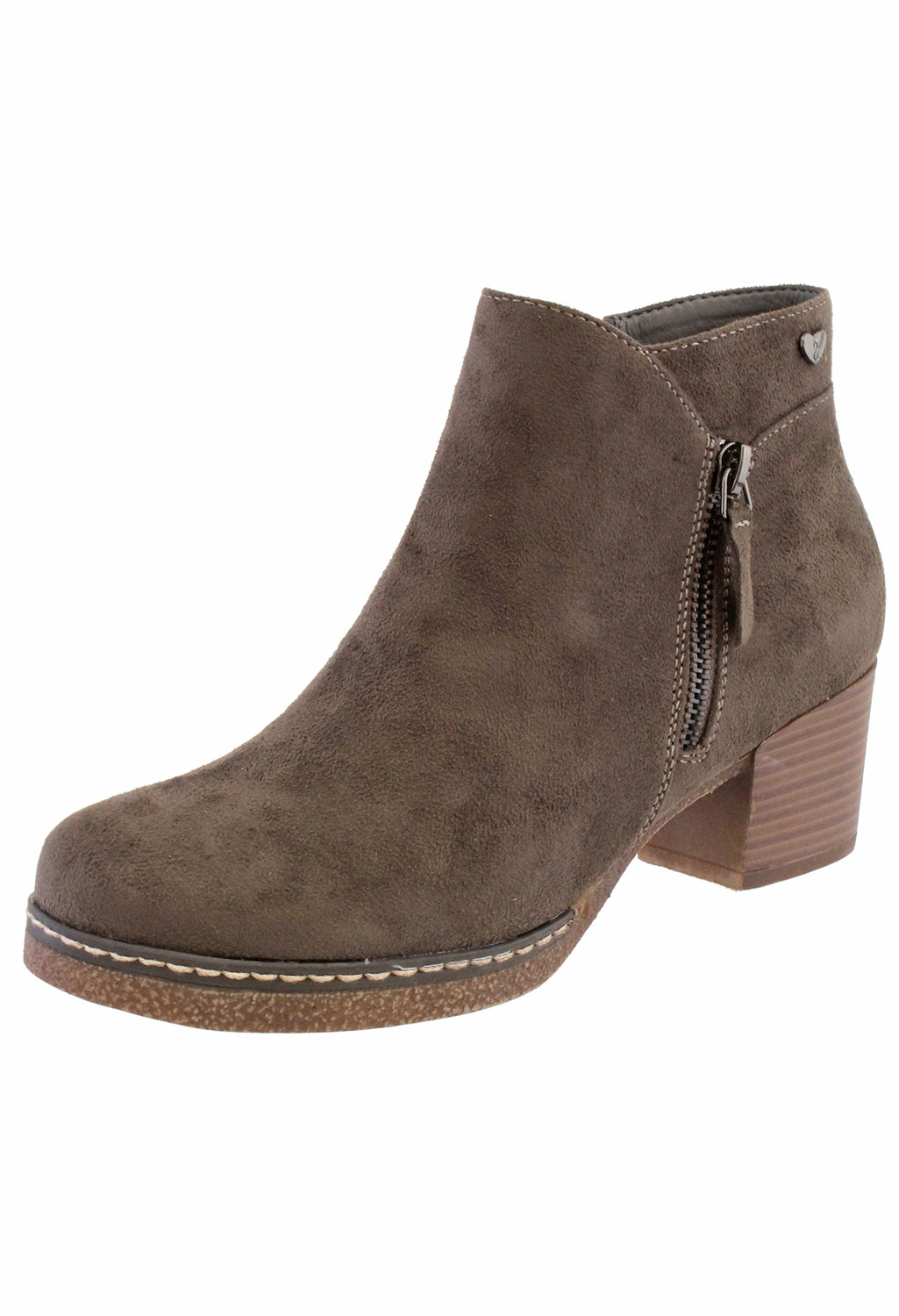 khaki Microfibre Plain Front, Side Zip Block Heel Ankle Boot