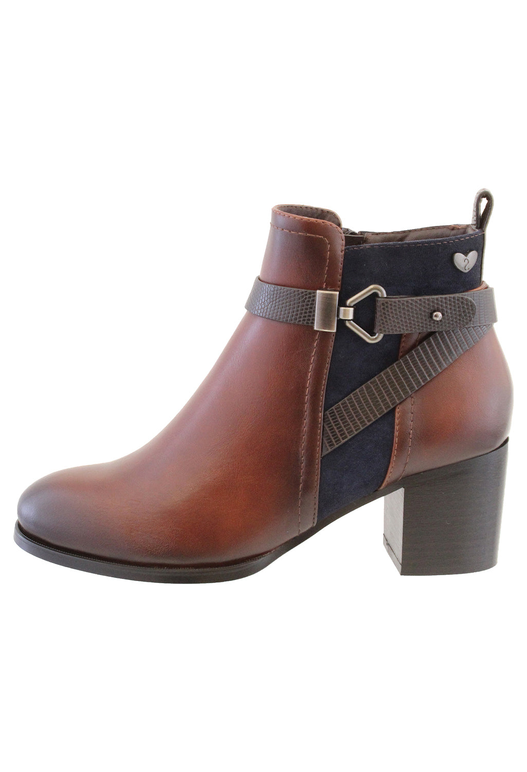 Brown Leather Look Side Zip Cuban Heel Ankle Boot