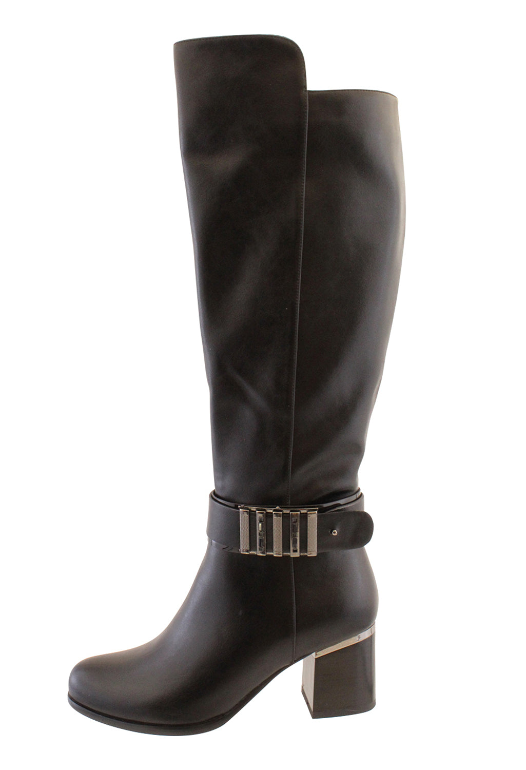 Black Leather Look Side Zip Plain Front Long Leg Boot