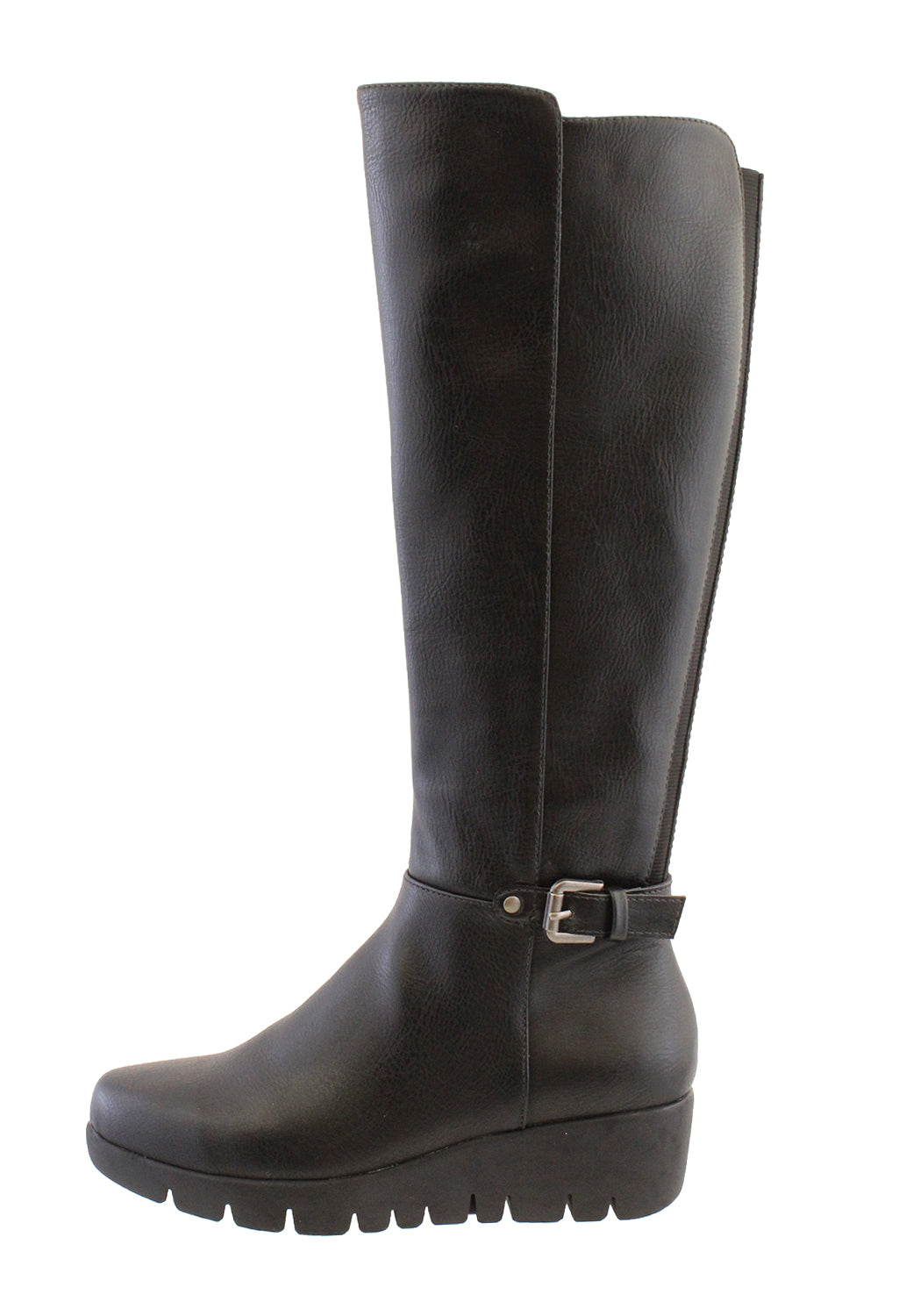 Black Leather Look Side Zip Long Leg Low Wedge Boot