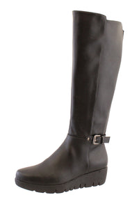 Black Leather Look Side Zip Long Leg Low Wedge Boot