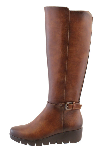 Brown Leather Look Side Zip Long Leg Low Wedge Boot