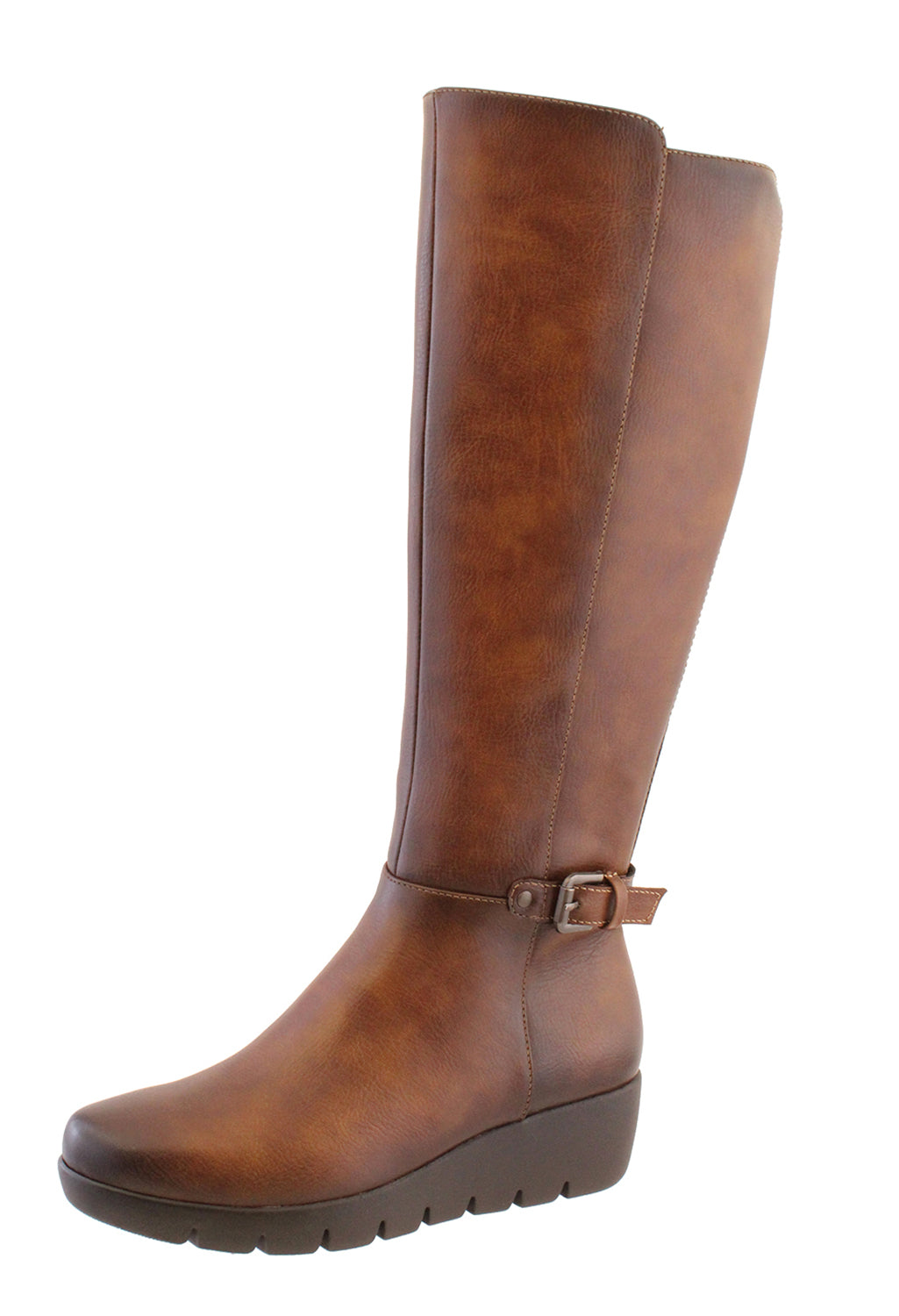 Brown Leather Look Side Zip Long Leg Low Wedge Boot