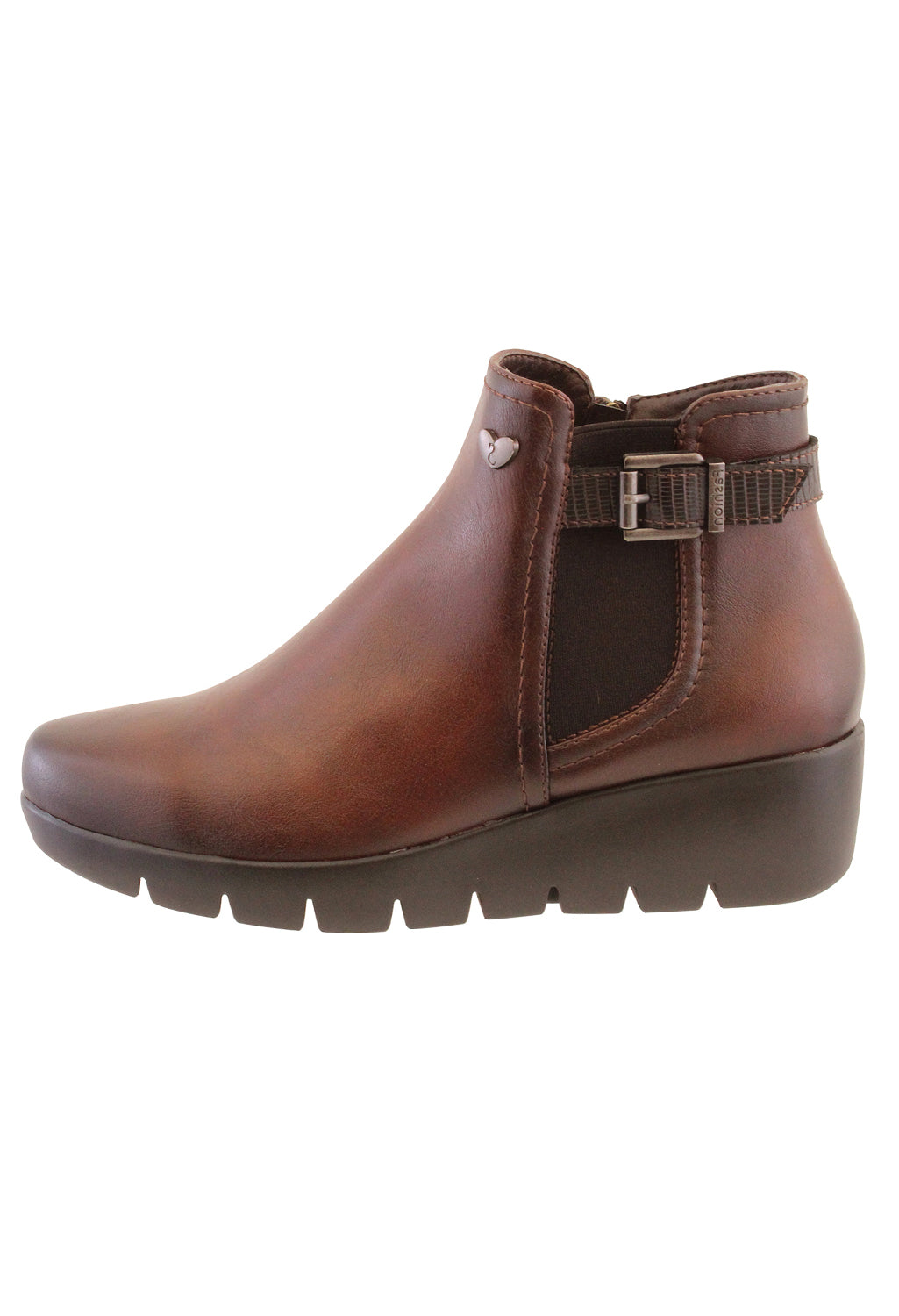 Susst Brown Leather Look Side Zip Low Wedge Ankle Boot