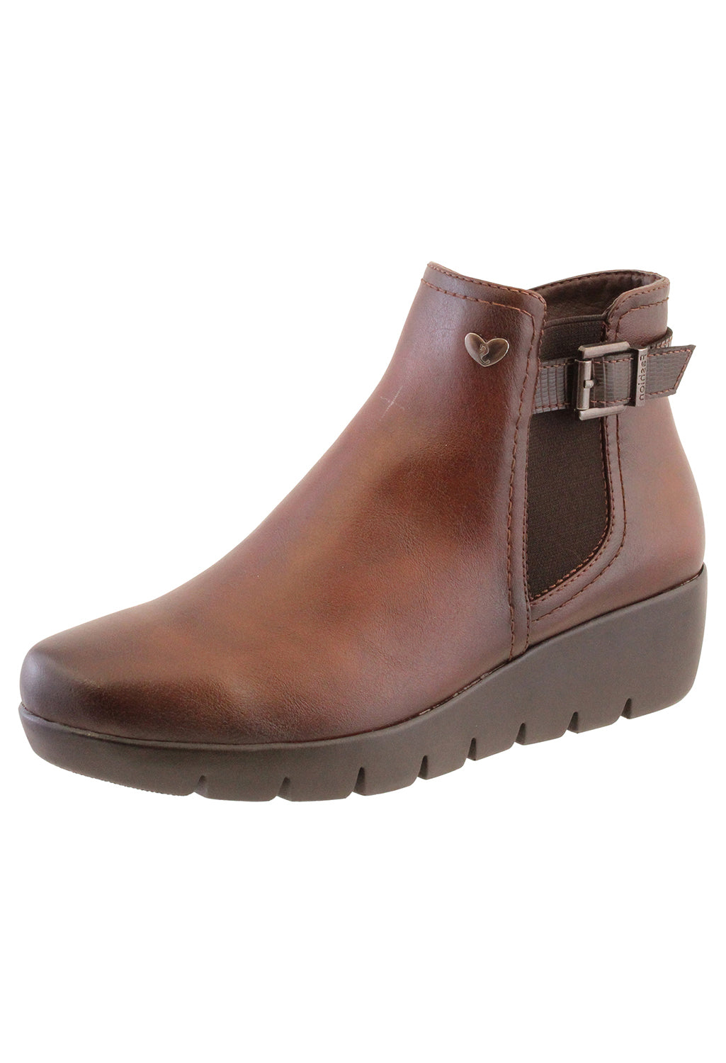 Susst Brown Leather Look Side Zip Low Wedge Ankle Boot