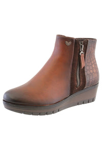 Brown Leather Look Side Zip Low Wedge Ankle Boot,