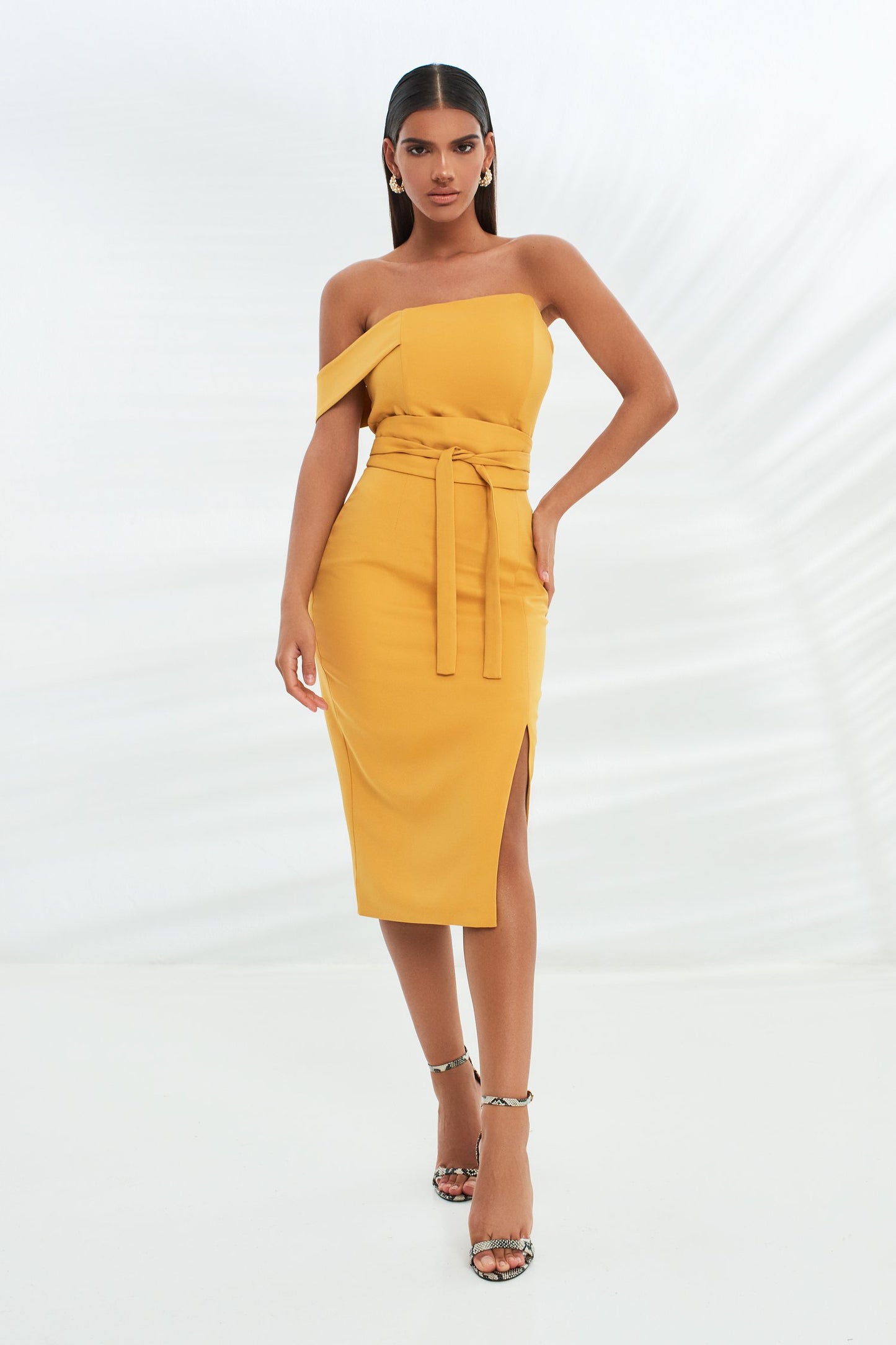 bandeau mid dress with obi belt in turmeric