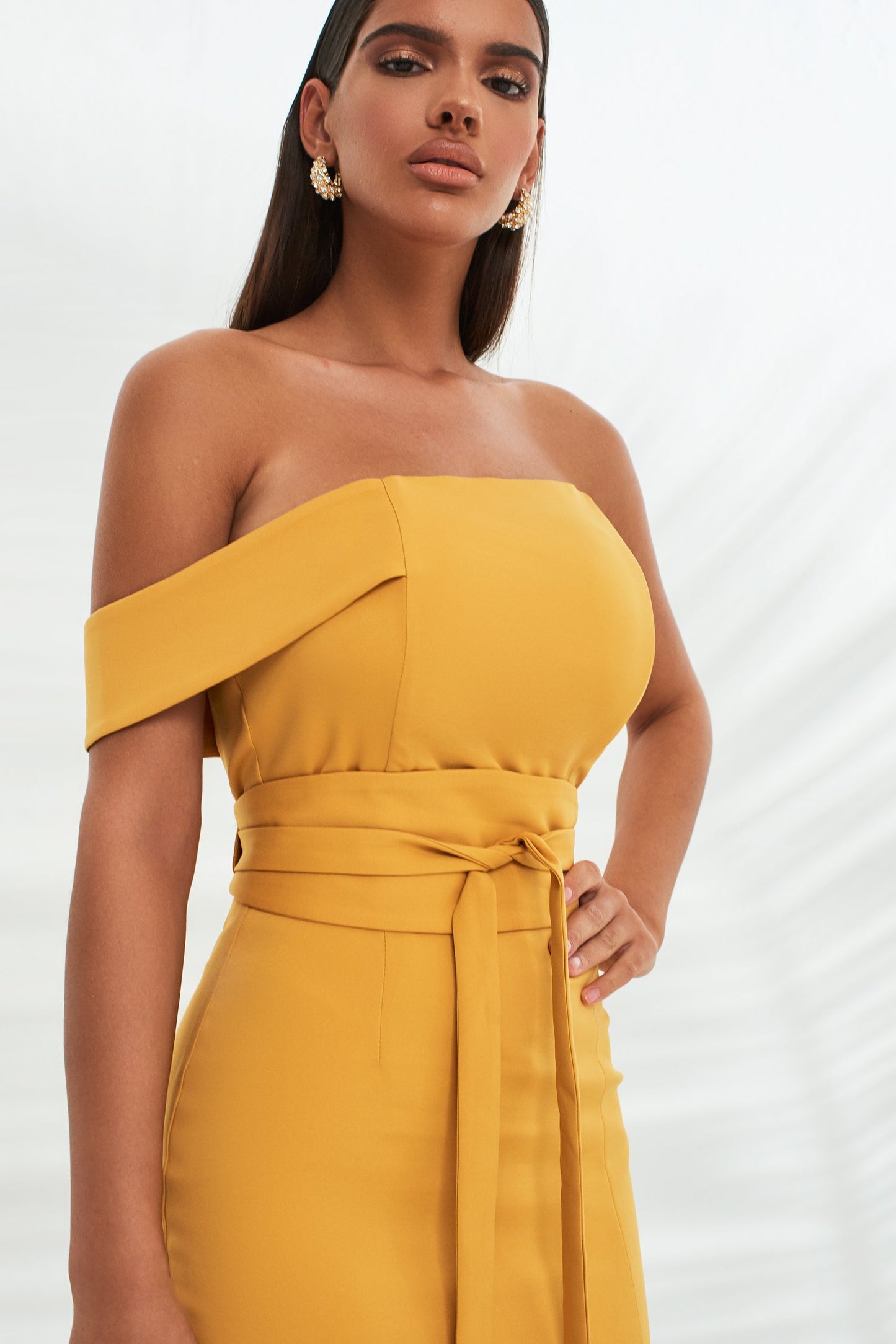 bandeau mid dress with obi belt in turmeric