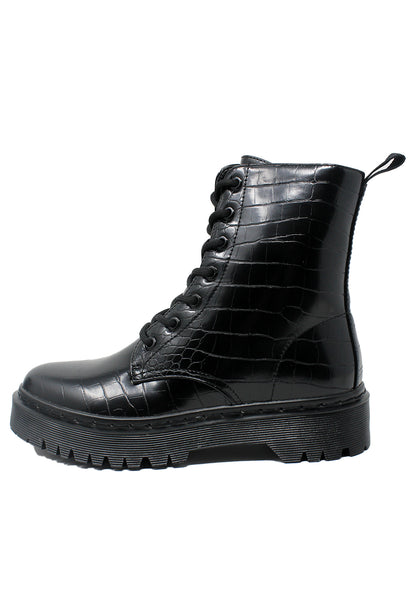 Black Faux Leather Croc Print Work Boot