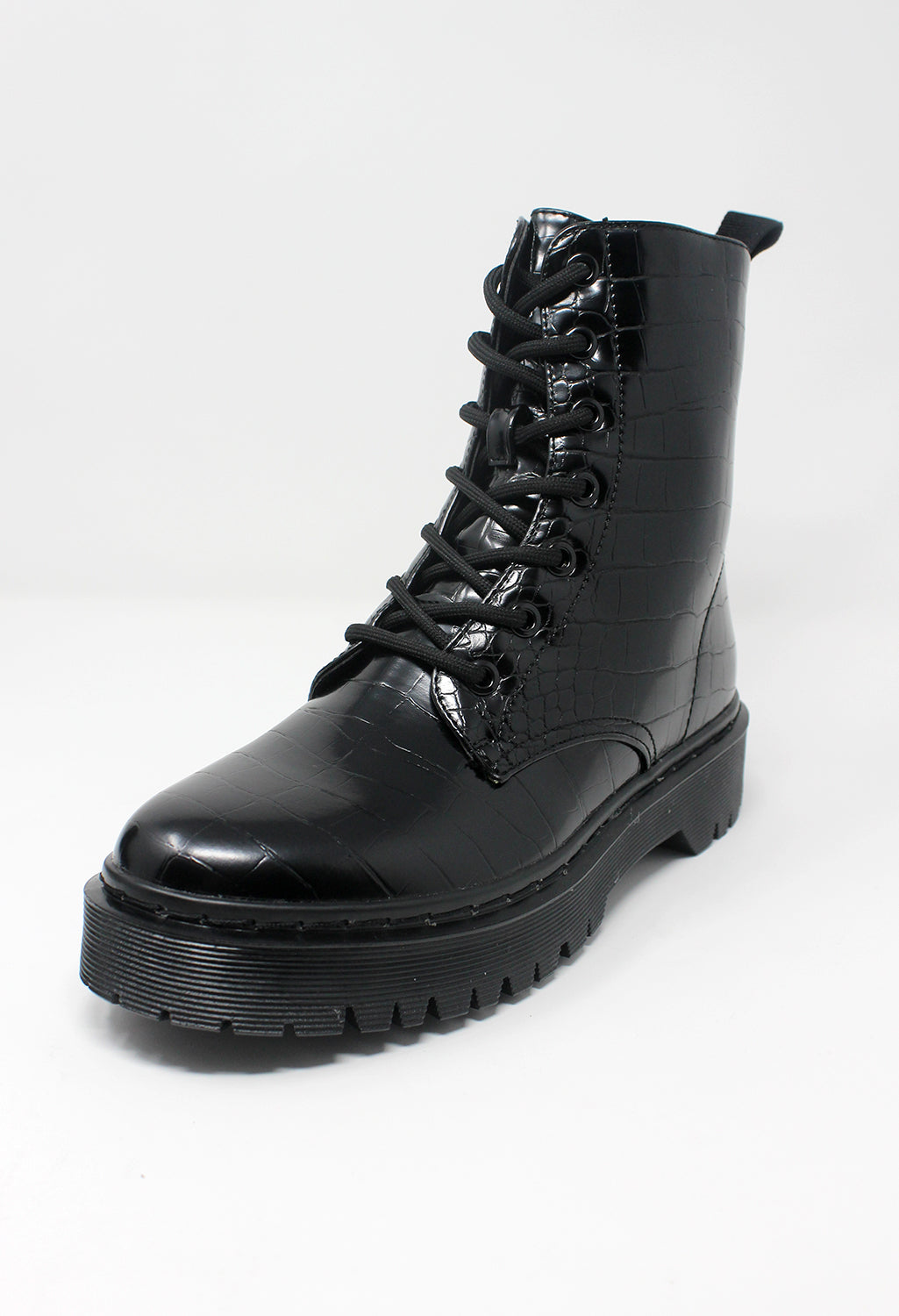 Black Faux Leather Croc Print Work Boot