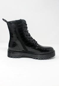 Black Faux Leather Croc Print Work Boot