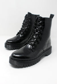 Black Faux Leather Croc Print Work Boot