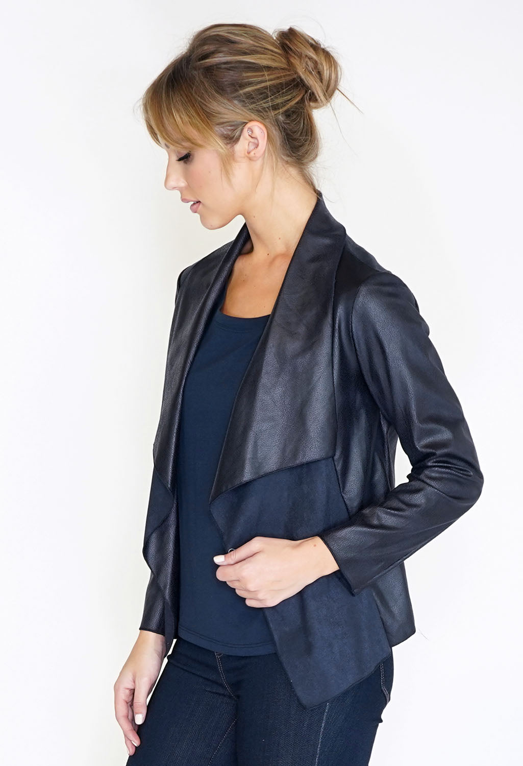 Faux Suede Panel Drape Jacket