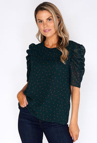 Green blouse with orange spots