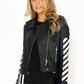 PU Black Leather Jacket with White Stripped Sleeve