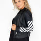 PU Black Leather Jacket with White Stripped Sleeve