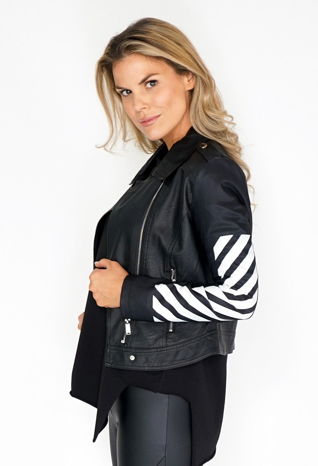 PU Black Leather Jacket with White Stripped Sleeve