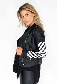 PU Black Leather Jacket with White Stripped Sleeve