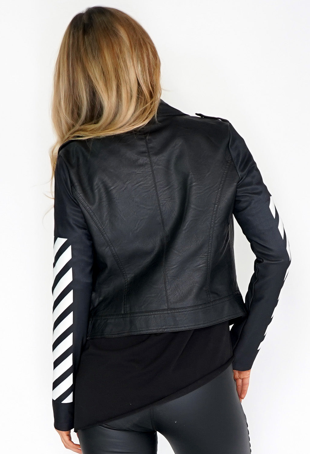 PU Black Leather Jacket with White Stripped Sleeve