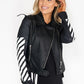 PU Black Leather Jacket with White Stripped Sleeve