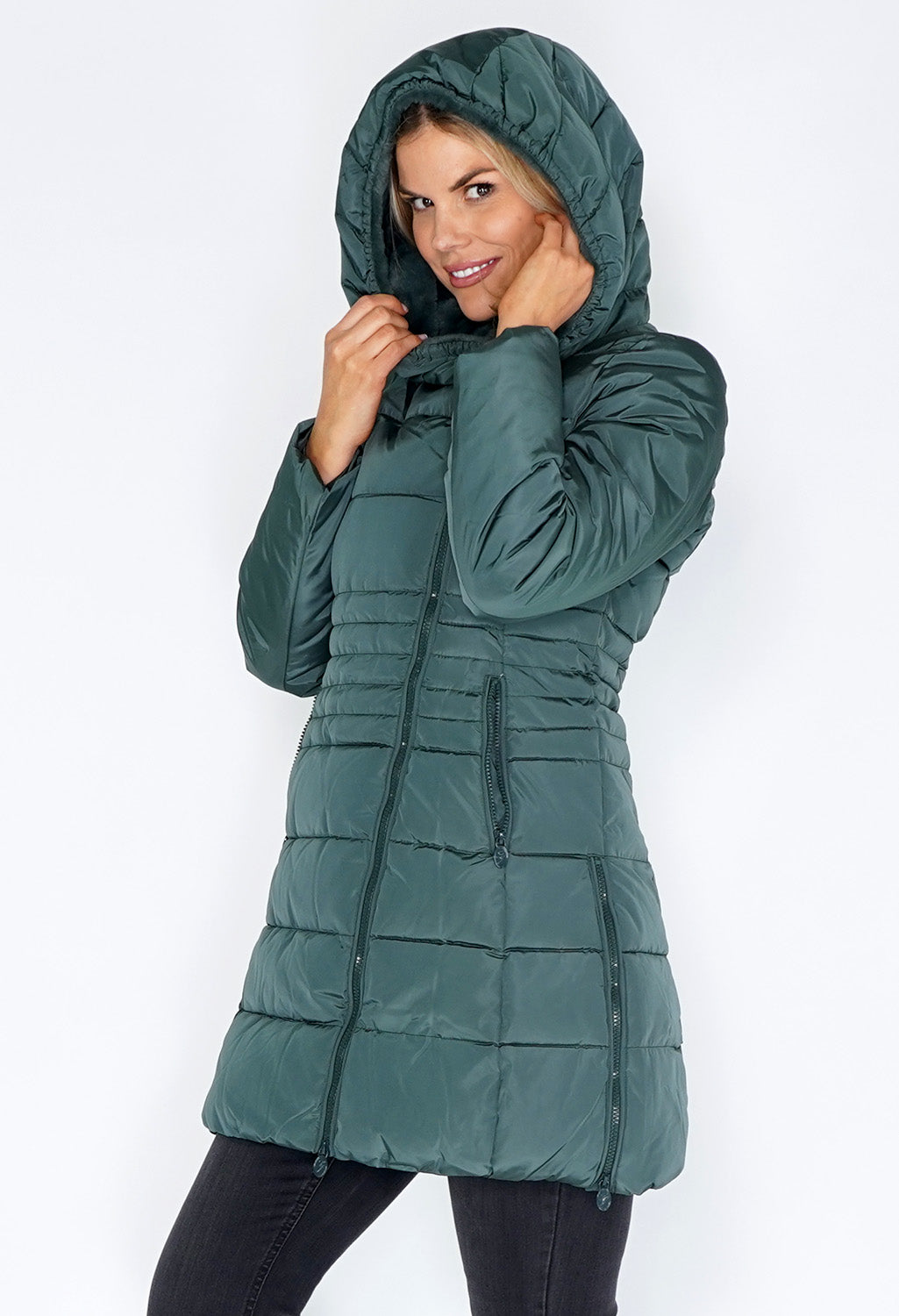 Green Zip Up Parka with Fur Lined Hood