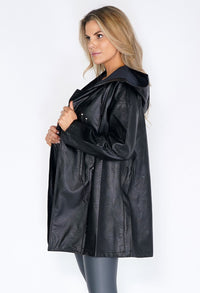 Black Leather Hooded Coat