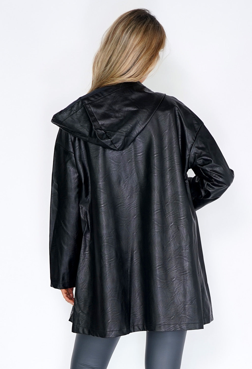 Black Leather Hooded Coat