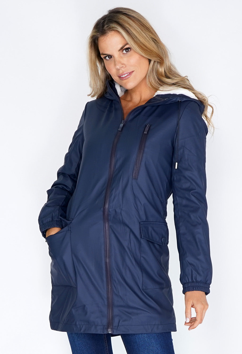 Navy Hooded Raincoat With White Cosy Lining