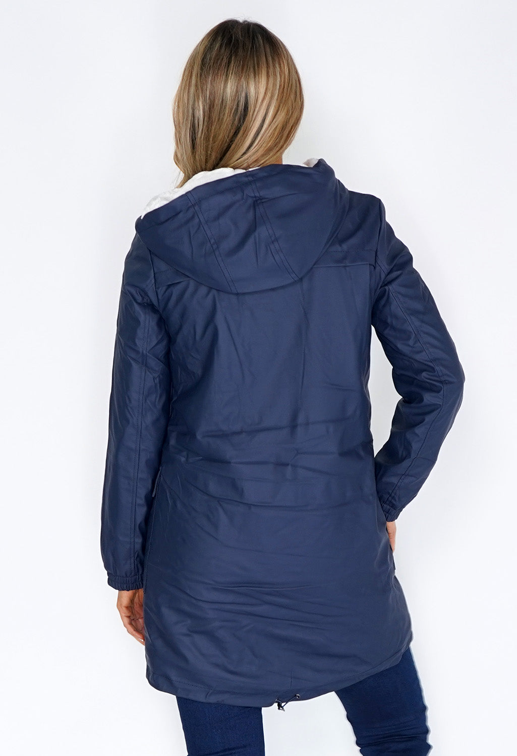 Navy Hooded Raincoat With White Cosy Lining