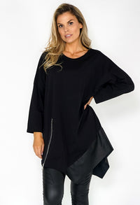 Black Dress with PU Leather Hem and Zip Detail