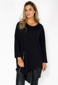 Black Dress with PU Leather Hem and Zip Detail