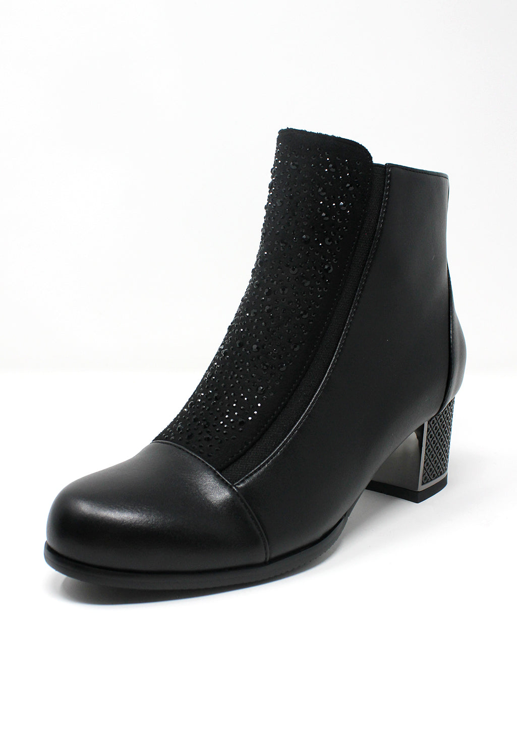 Black Faux Leather Jewelled Side Zip Ankle Boot