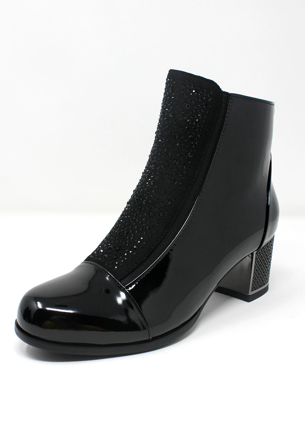 Black Patent Jewelled Side Zip Ankle Boot