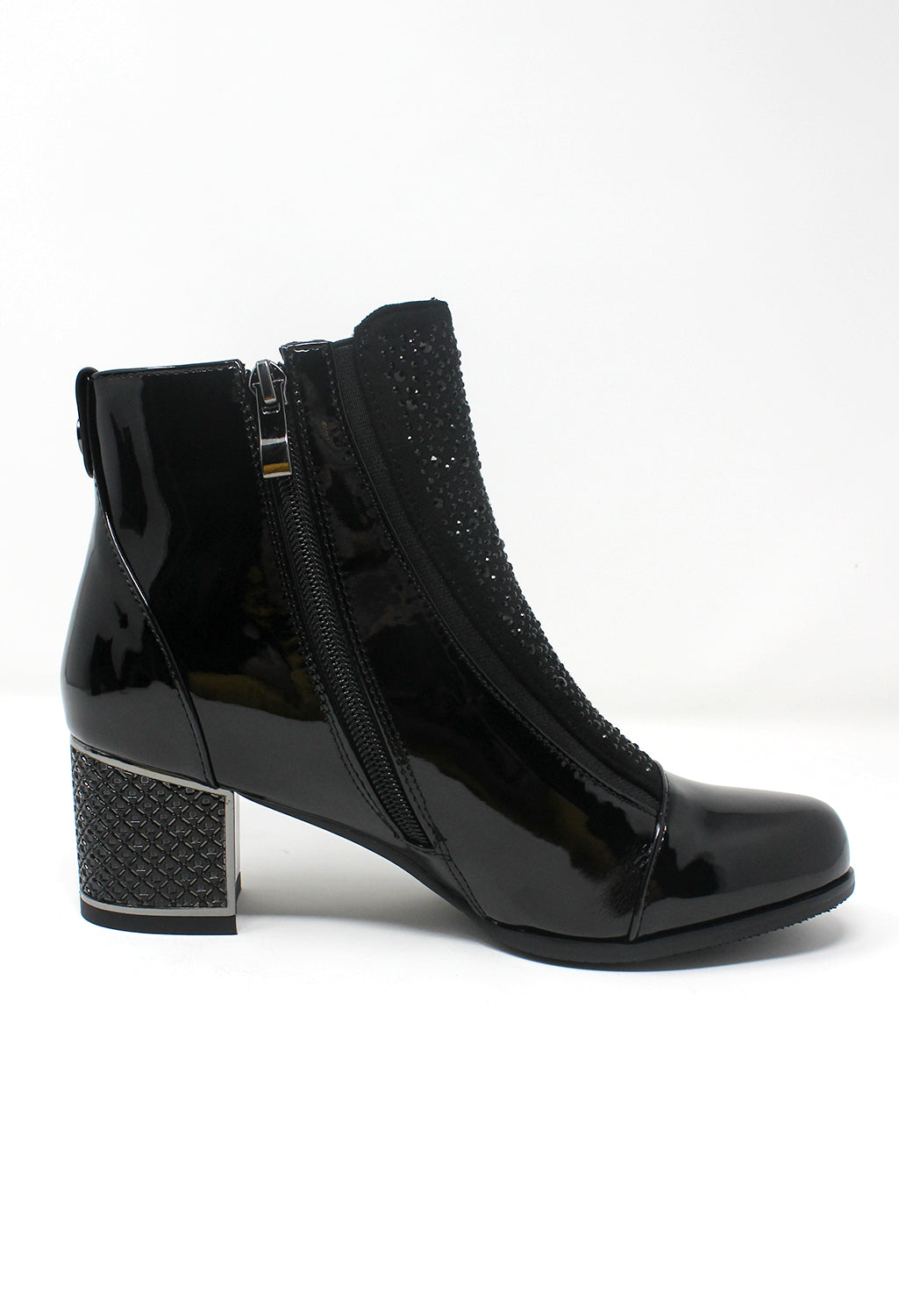 Black Patent Jewelled Side Zip Ankle Boot