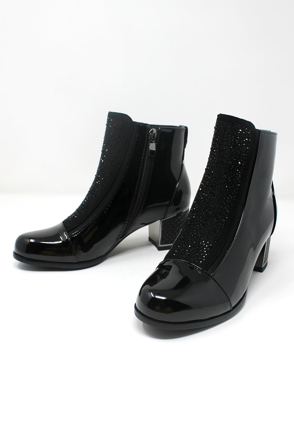 Black Patent Jewelled Side Zip Ankle Boot