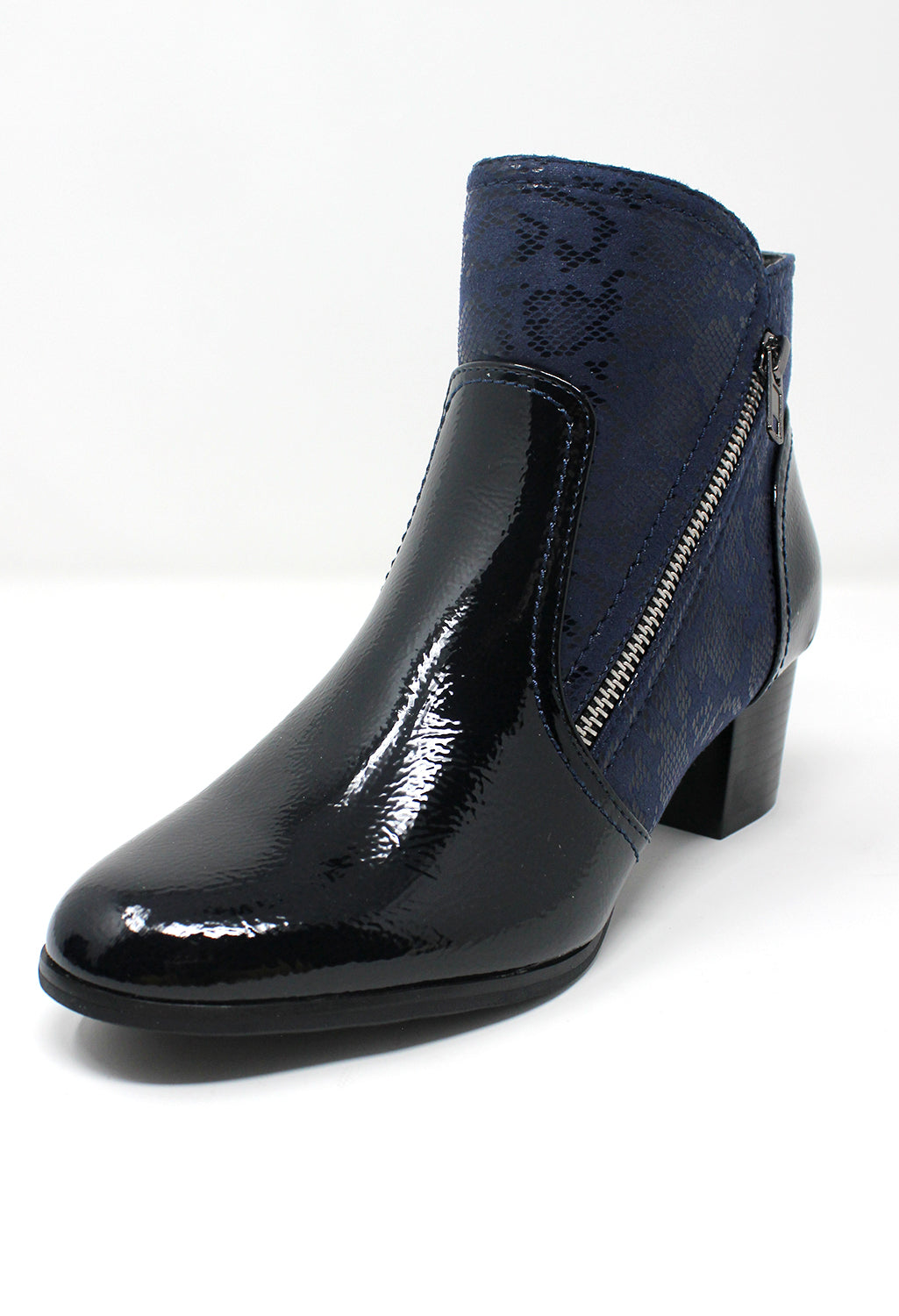 Navy Patent Side Zip Ankle Boot