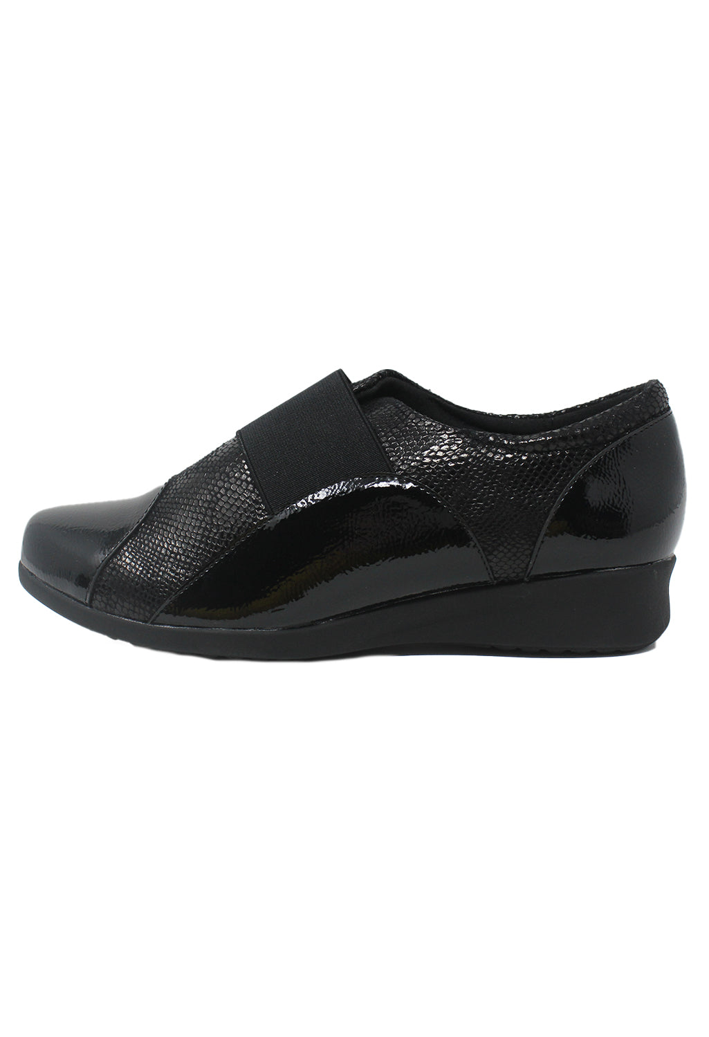 Black Patent Pull-On Elasticated Shoe