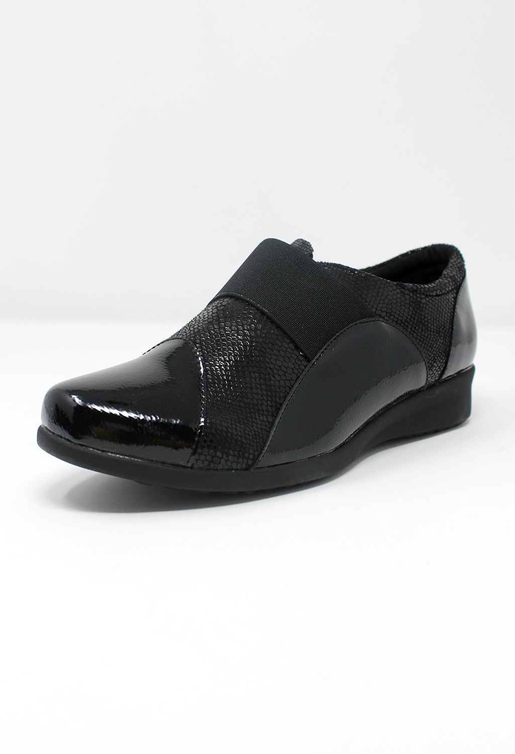 Black Patent Pull-On Elasticated Shoe