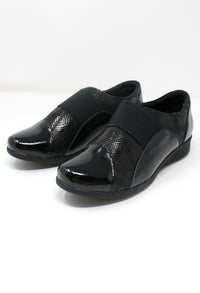 Black Patent Pull-On Elasticated Shoe