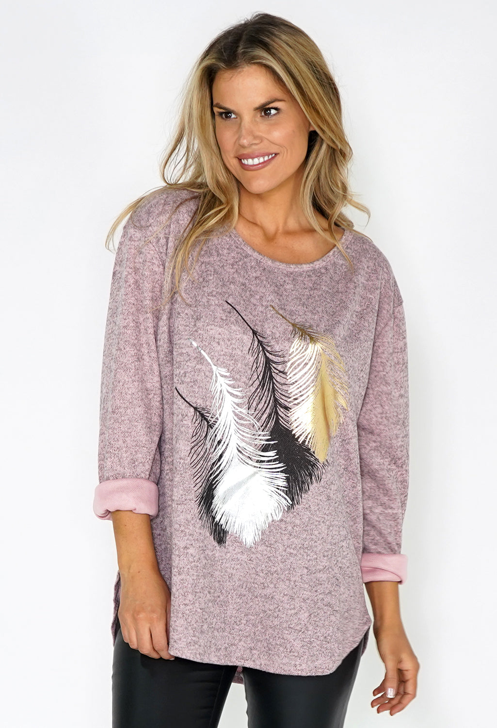 Pink Feather Print Knit Pullover