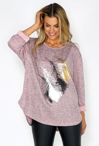 Pink Feather Print Knit Pullover