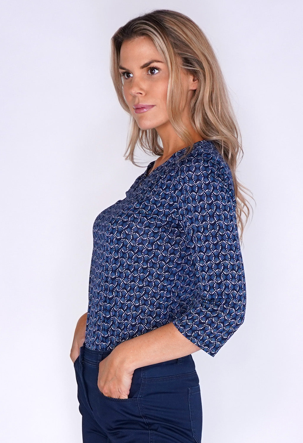 Navy Fan Print Top