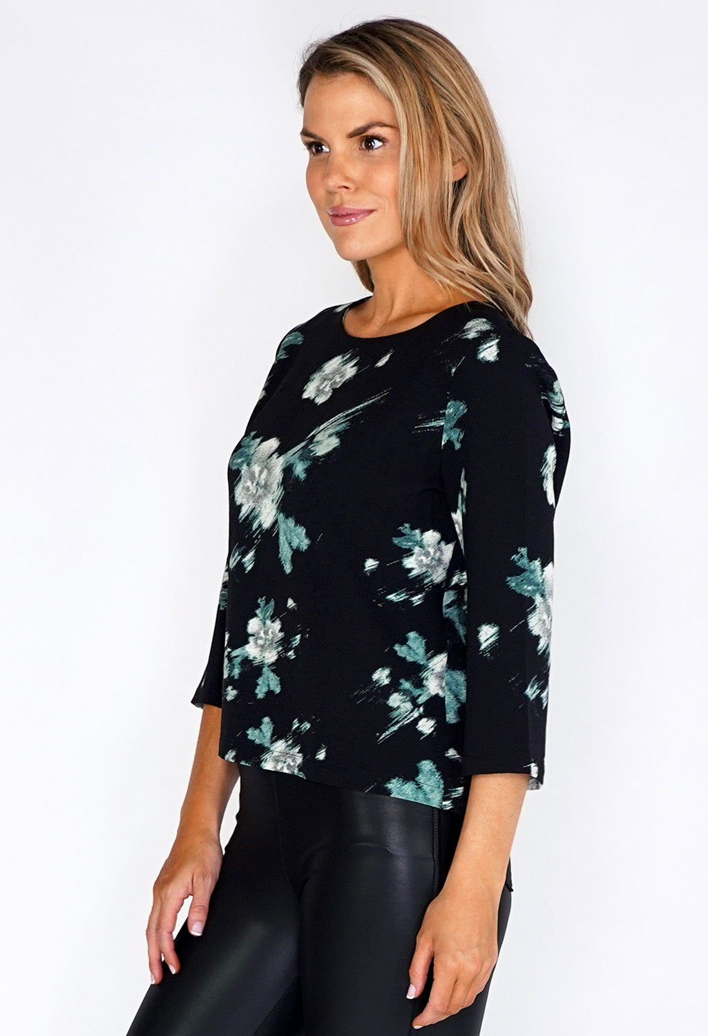 Opus Black Top with Abstract Floral Print