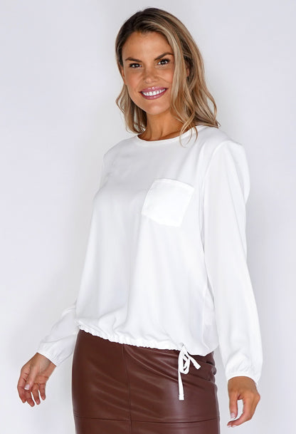 Erfo White Pocket Detailed Blouse with Tied Hem