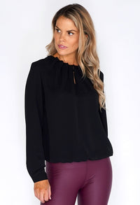 Erfo Black Rouched Neck Blouse