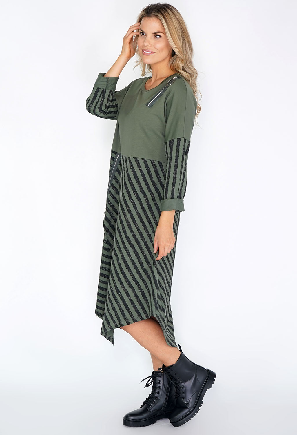 Khaki Stripped Dress with Zip Details