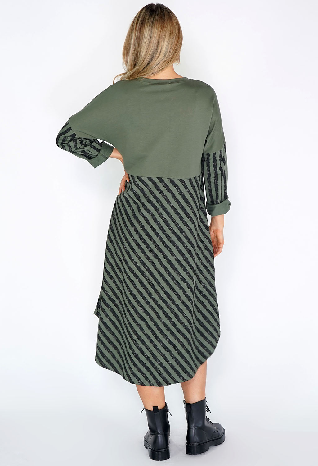 Khaki Stripped Dress with Zip Details